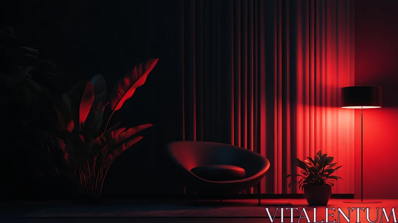 Red side-lit modern lounge with foliage and deep contrast mapping.