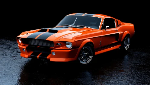 Orange muscle car stands under moody light on wet asphalt