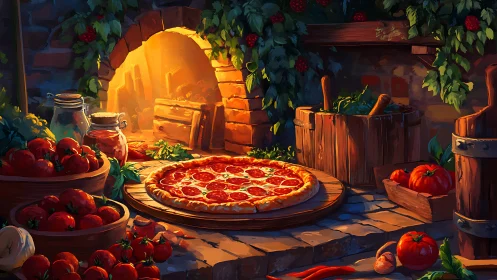 Woodfired pepperoni pizza in rustic Mediterranean garden kitchen