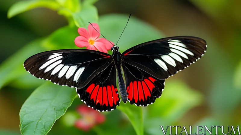 Black butterfly with red and white bands on green foliage.