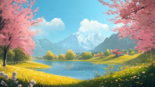 Lake, cherry blossoms, and snow mountains under clear sky