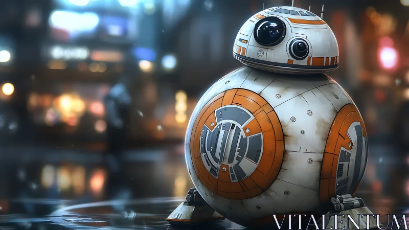 Lone spherical droid glows softly in a rainy neon street