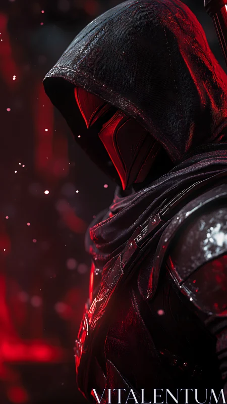 Hooded armored figure stands in red backlit dramatic lighting