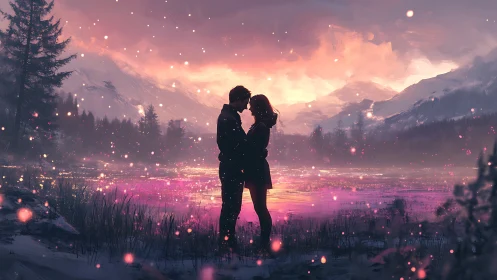 Silhouetted Couple Amid Luminescent Valley Landscape.
