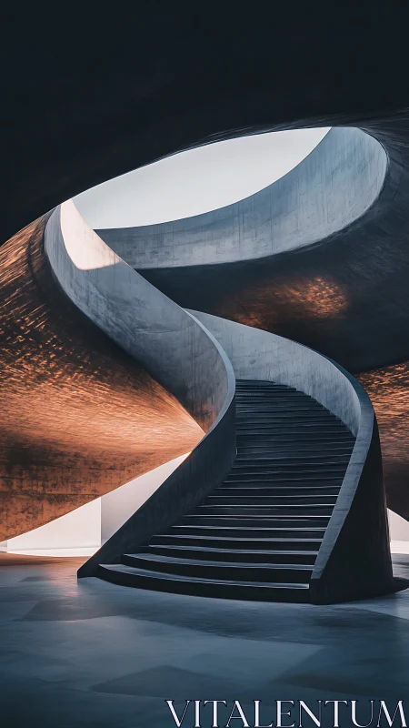 Curved concrete staircase rises toward oval skylight opening