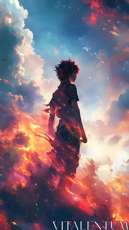 Silhouetted anime boy rising through fiery sunset sky.