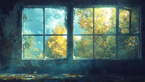 Sunlit autumn forest framed through ruined window.