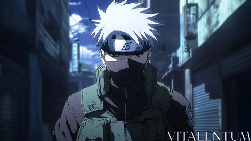 Calm masked ninja walks through a quiet midnight alleyway.