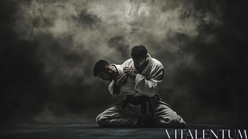 Kneeling jiu-jitsu grapplers locked in dramatic chokehold.