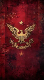 Golden heraldic eagle on distressed crimson banner.