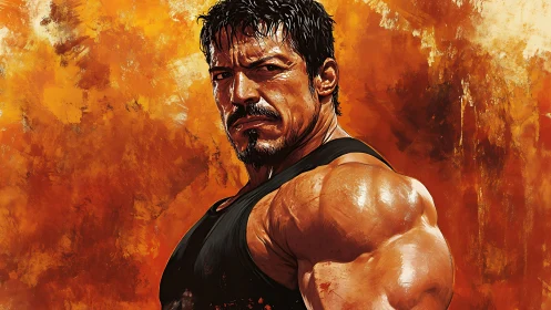 Powerful man turns to camera against blazing orange sky