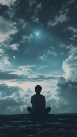 Silhouetted figure meditates under luminous starfield sky