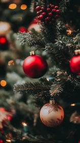 Photorealistic close-up of Christmas baubles on fir tree.