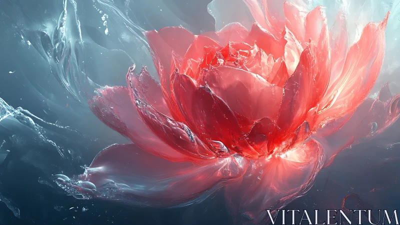 Translucent red flower form rendered in fluid digital art