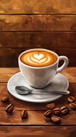 Heart-warmed latte moment on rustic wooden tabletop.