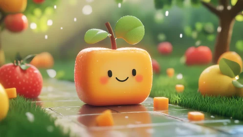 Smiling cube fruit strolls through a dreamy sunlit orchard