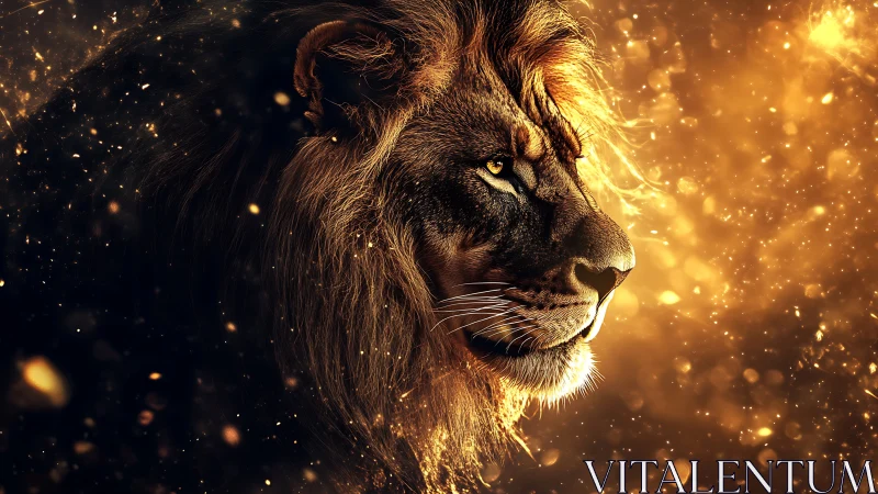 Golden starlit lion in quiet, glowing profile view.