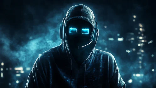 Hooded cyber avatar with neon visor emerges from digital haze