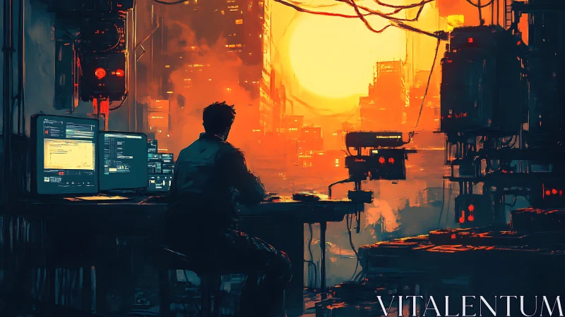 Midnight coder quietly steers a neon city toward sunrise