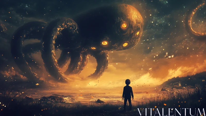Child confronts colossal luminescent cephalopod in cosmic shoreline