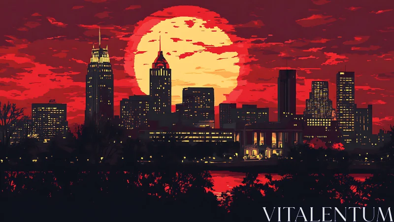 Urban skyline stands against oversized sun at sunset