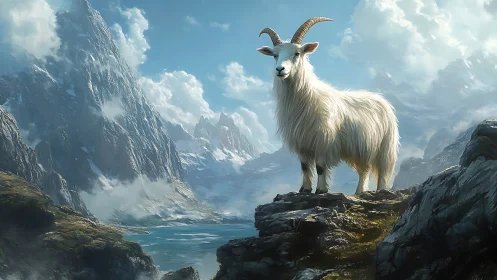 Mountain goat rendered with high-detail fur shading in alpine scene