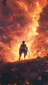 Warrior Standing Against Massive Inferno Backdrop.