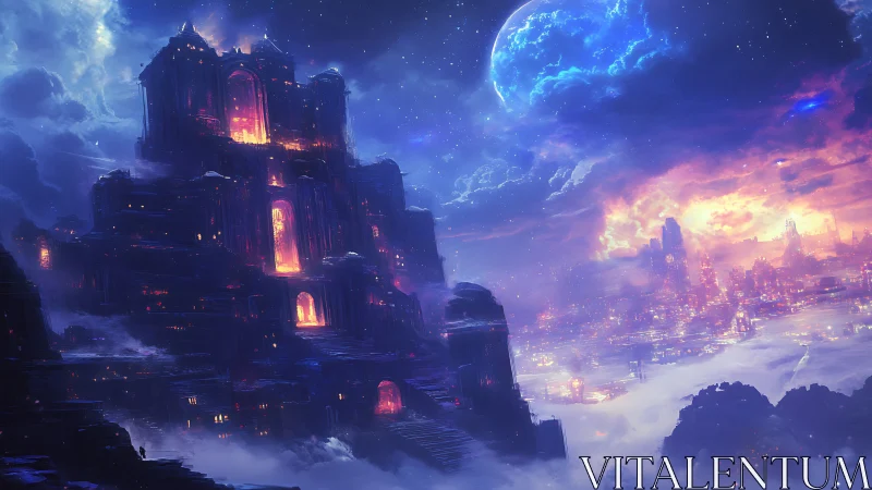 Towering luminescent citadel above neon cloud city at dusk.