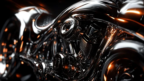 Chromed custom motorcycle engine under cinematic light.