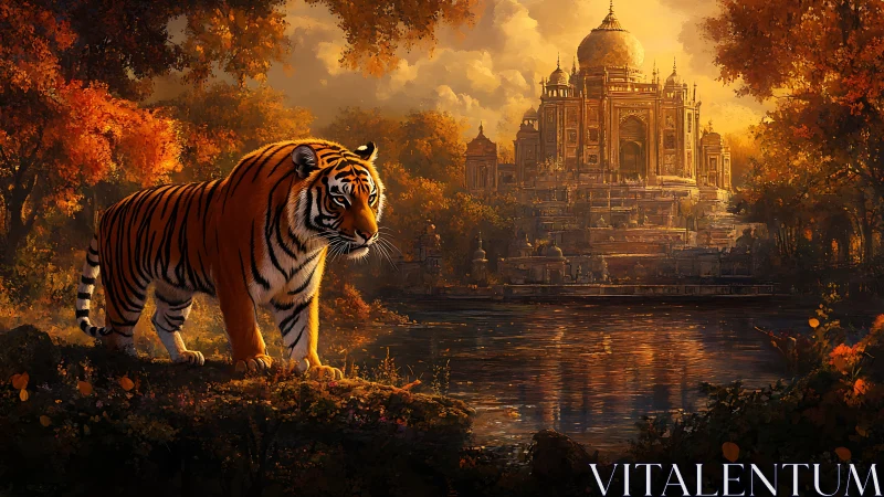 Majestic tiger surveys a golden palace at twilight by water.