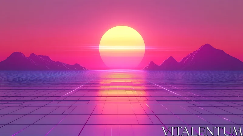 Neon horizon sun ignites a retrofuturist crystal seascape.