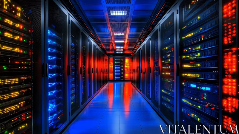 High-density data center corridor with neon rack lighting.