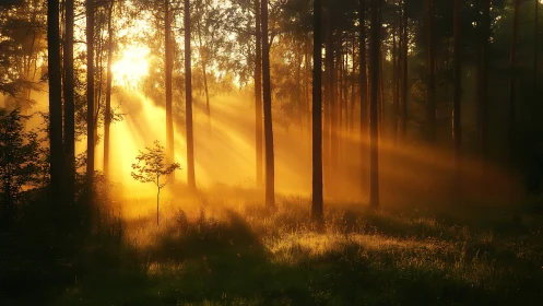 Golden sunrise rays piercing tranquil pine forest.