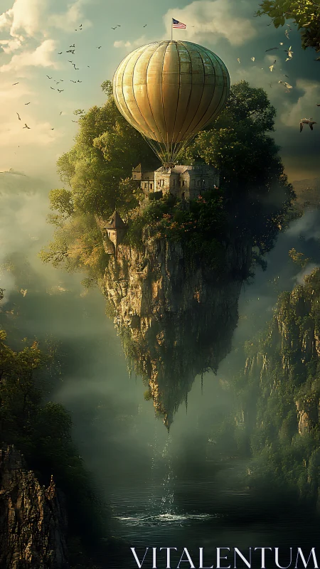 Floating cliff island with balloon and misty river below.