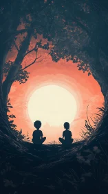 Silhouetted children beneath arboreal portal at sunset glow.