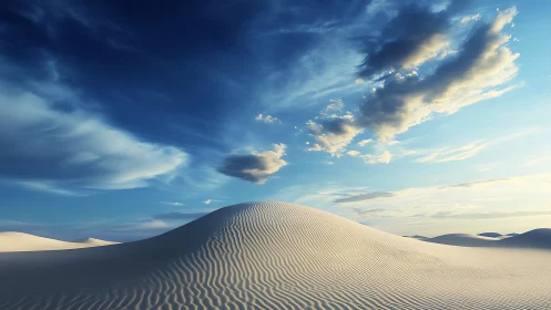 Curved sand dune under expansive stratified sky at sundown