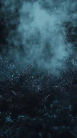 Dark mist over dense night forest ground cover.