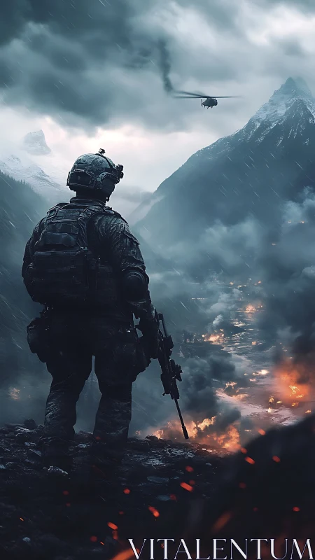 Armored soldier overlooking burning valley under storm clouds.