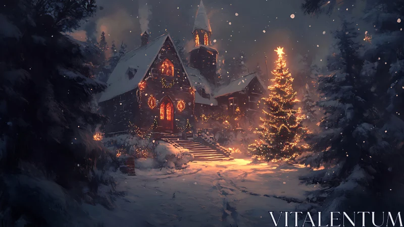 Snow-dusted forest cottage hums beneath a glowing Christmas star