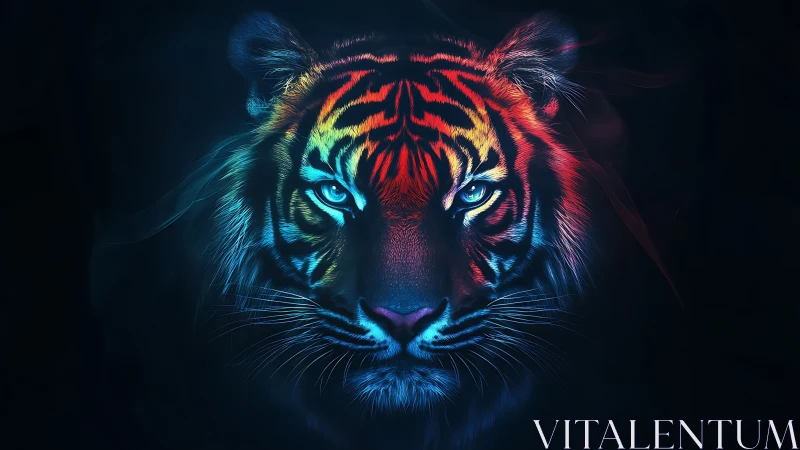 Digital tiger portrait displays neon bilateral color lighting