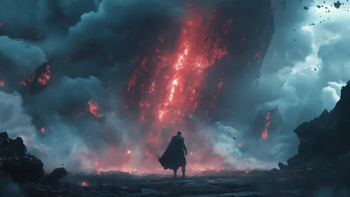 Lone wanderer greets a colossal fiery storm of wonder.