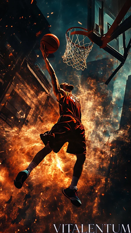 Basketball player dunks midair over explosive fiery backdrop.