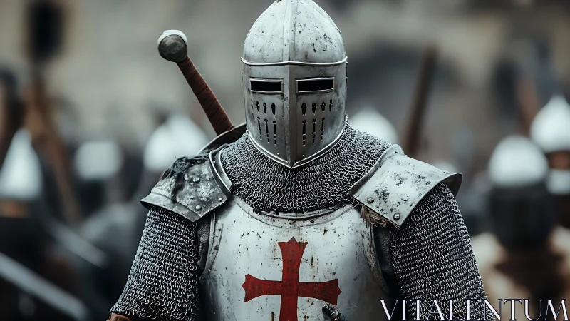 Medieval knight in chainmail and plate armor stands in battle