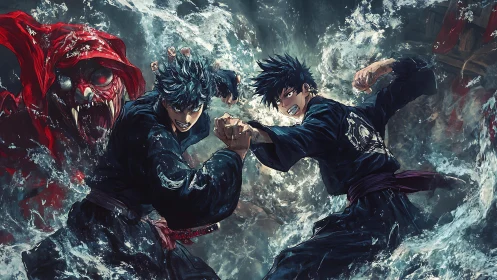 Dual martial artists conjuring spectral water demon clash