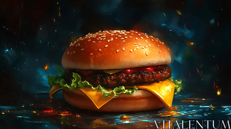 Starlit sesame burger dreaming in neon-touched midnight hues.