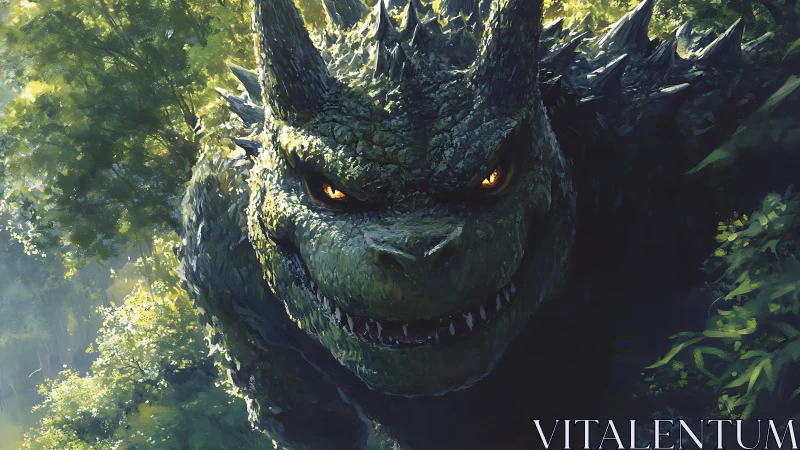 Forest kaiju emerges from glowing foliage with menacing glare