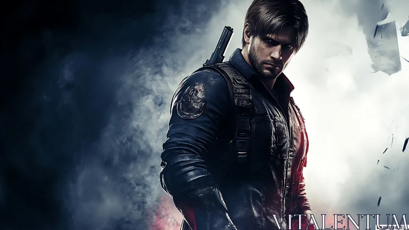 Armed tactical character in smoky high contrast environment.