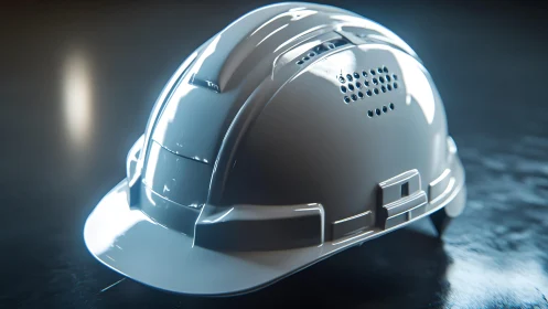 White construction hard hat on reflective surface, modern lighting.