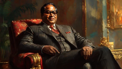 Formal seated portrait of dignified man in striped three-piece suit