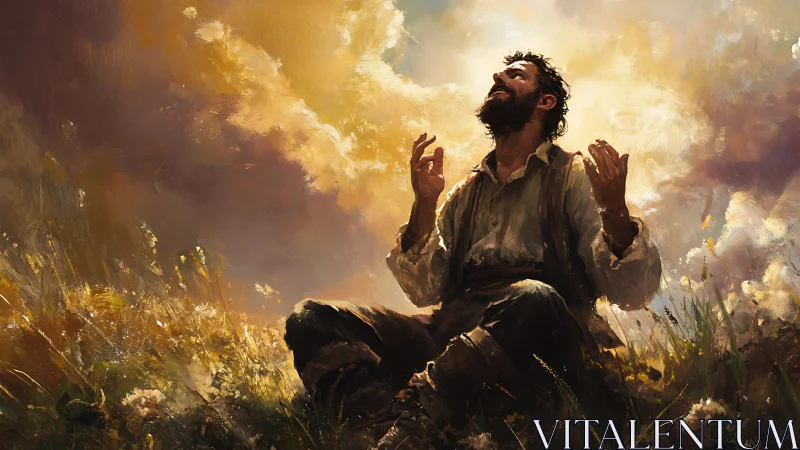 Man kneels in sunlit meadow, uplifted toward glowing sky